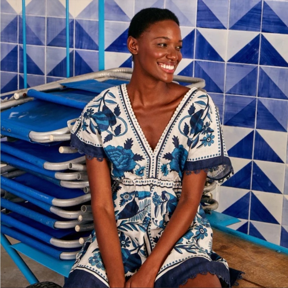 FARM RIO Tropical Tiles Linen Blend Mini A-Line Dress